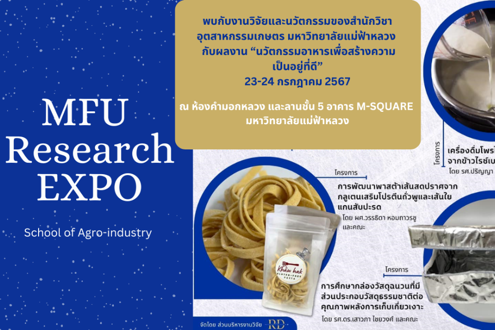 กิจกรรม MFU Research Expo 2024 (ครั้งที่ 1) ระหว่างวันที่ 23-24 กรกฎาคม 2567 ณ ห้องคำมอกหลวง และลานชั้น 5 อาคาร M-SQUARE มหาวิทยาลัยแม่ฟ้าหลวง