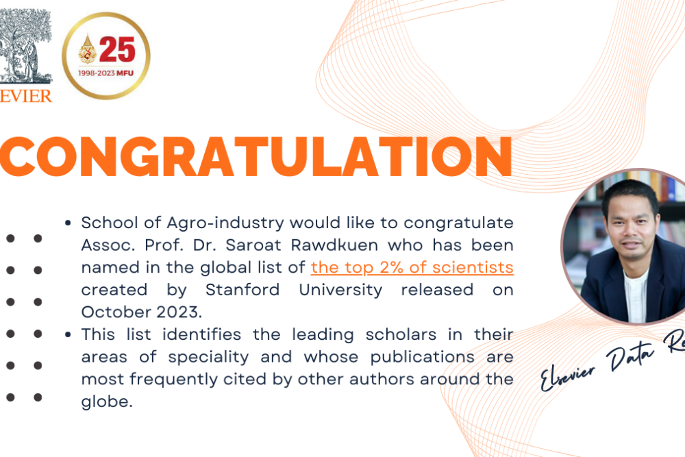 School of Agro-industry would like to congratulate Assoc. Prof. Dr. Saroat Rawdkuen who has been named in the global list of the top 2% of scientists